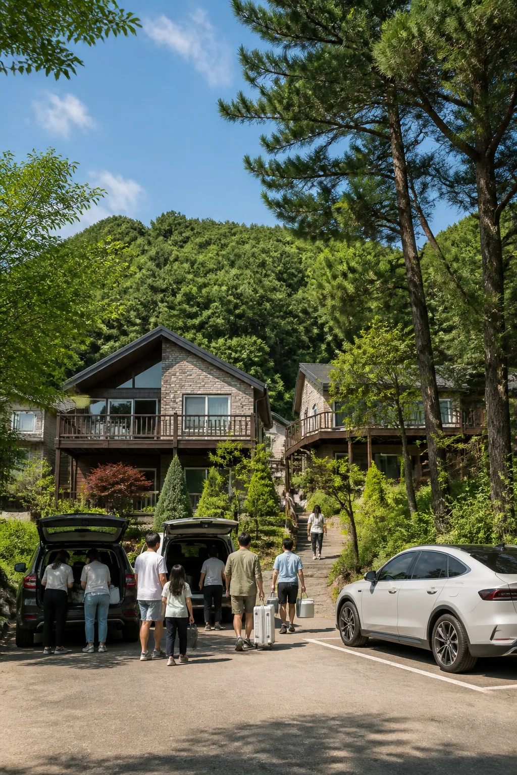 용인펜션 앞 주차장에서 가족과 친구들이 짐을 옮기며 여행을 준비하는 모습