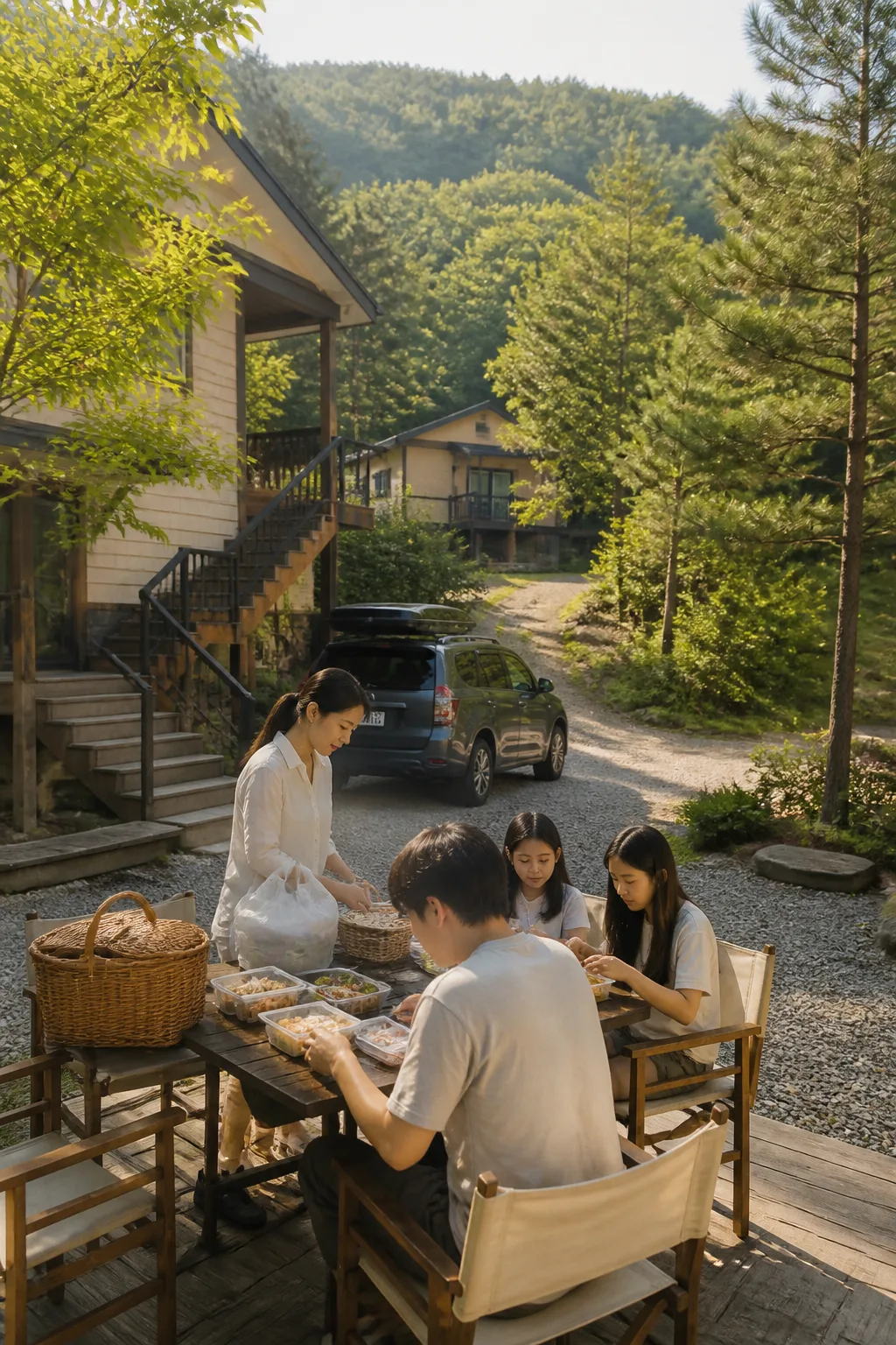 용인펜션에서 가족과 친구들이 포장 음식과 장보기 식재료를 식탁에 준비하는 모습