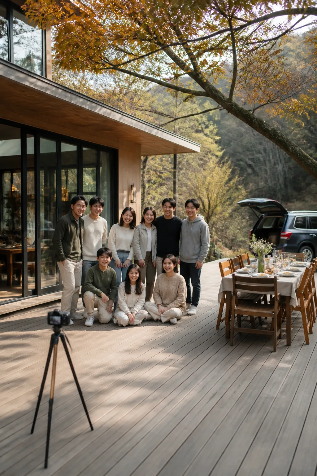 용인펜션 테라스에서 가족과 친구들이 단체 사진을 준비하는 모습
