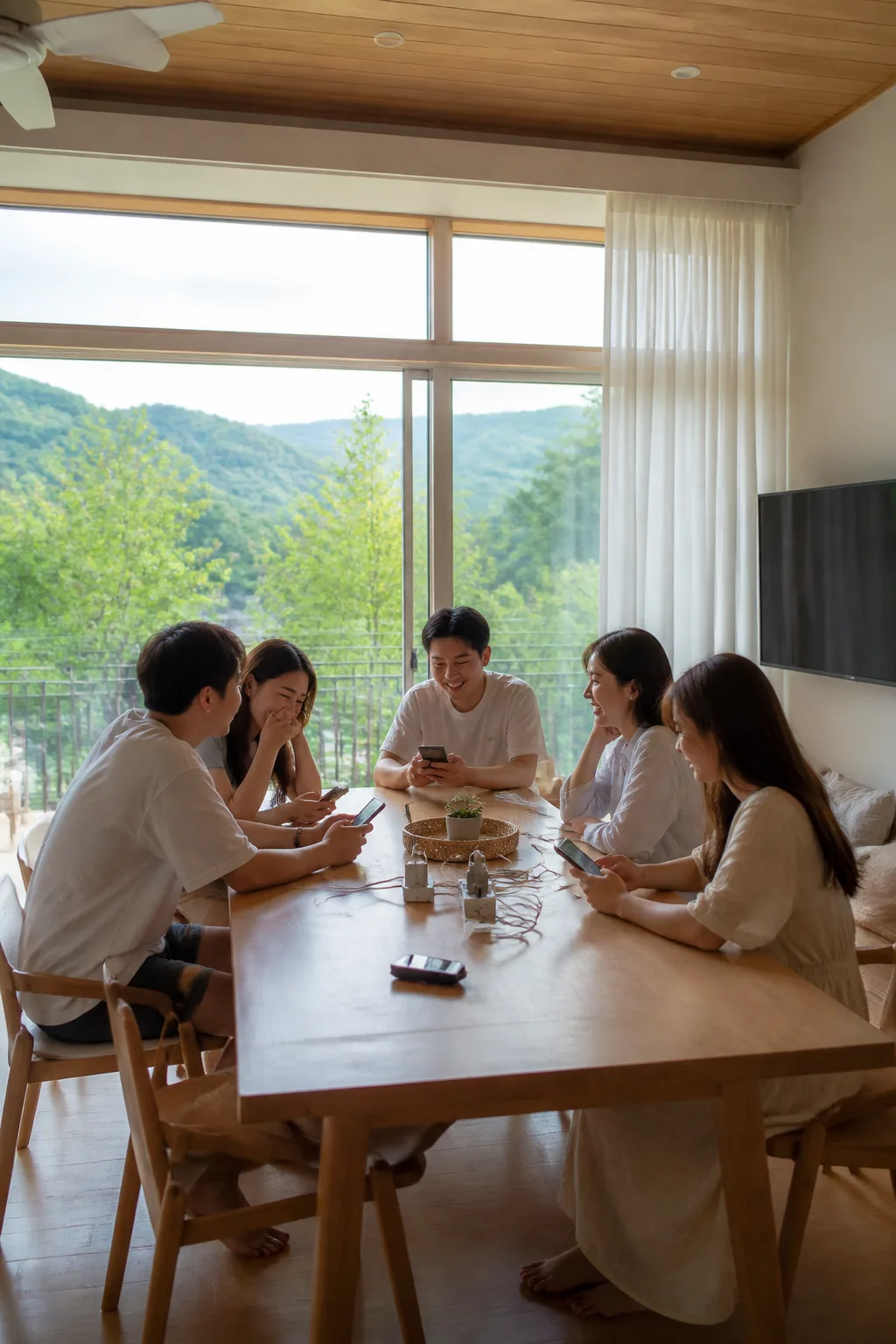 용인펜션 거실에서 가족과 친구들이 사진을 공유하며 휴대전화를 충전하는 모습