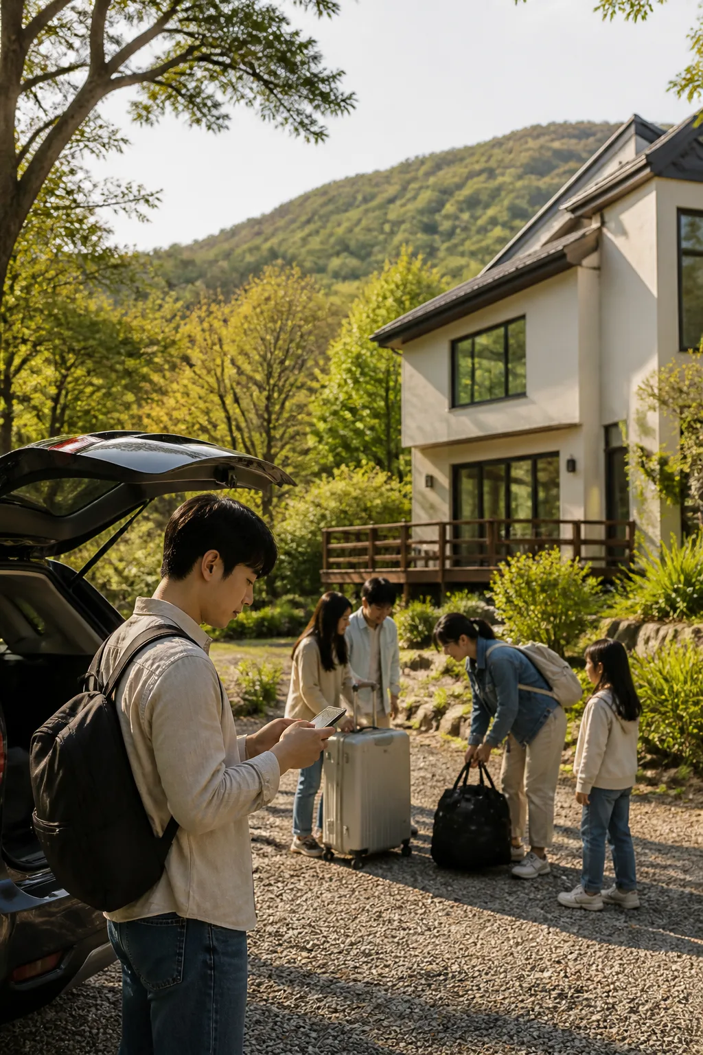 용인펜션 도착 전 가족과 친구들이 예약 정보와 주차를 확인하는 모습
