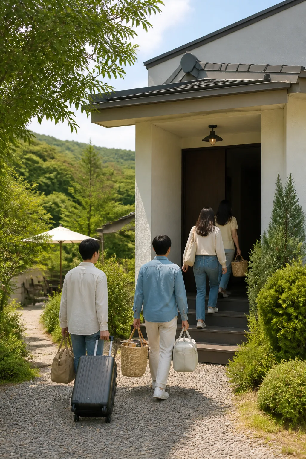 장바구니와 여행 가방을 들고 용인펜션에 도착하는 가족·친구 모임