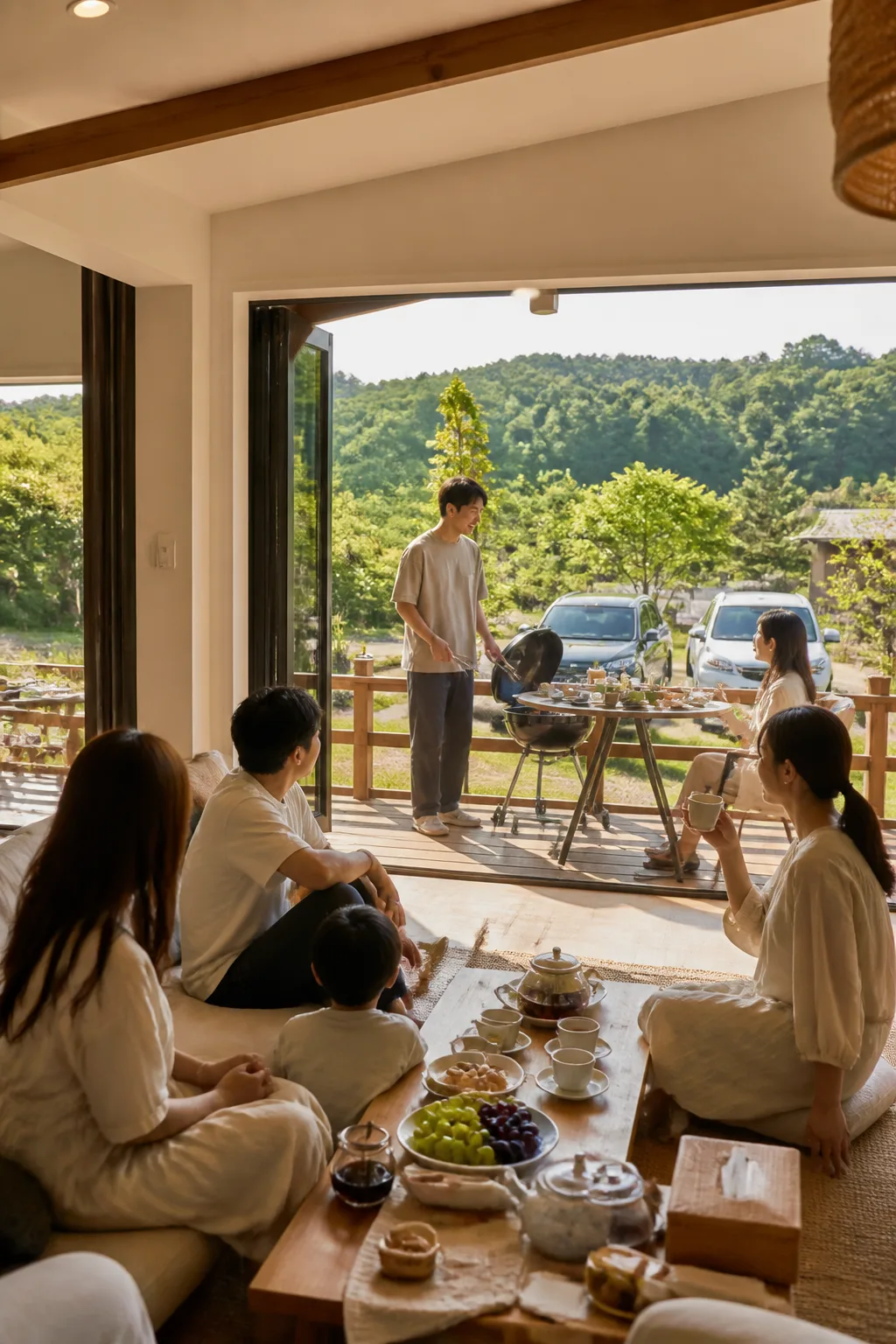 용인펜션 거실과 테라스에서 가족·친구 모임이 편안하게 쉬는 모습