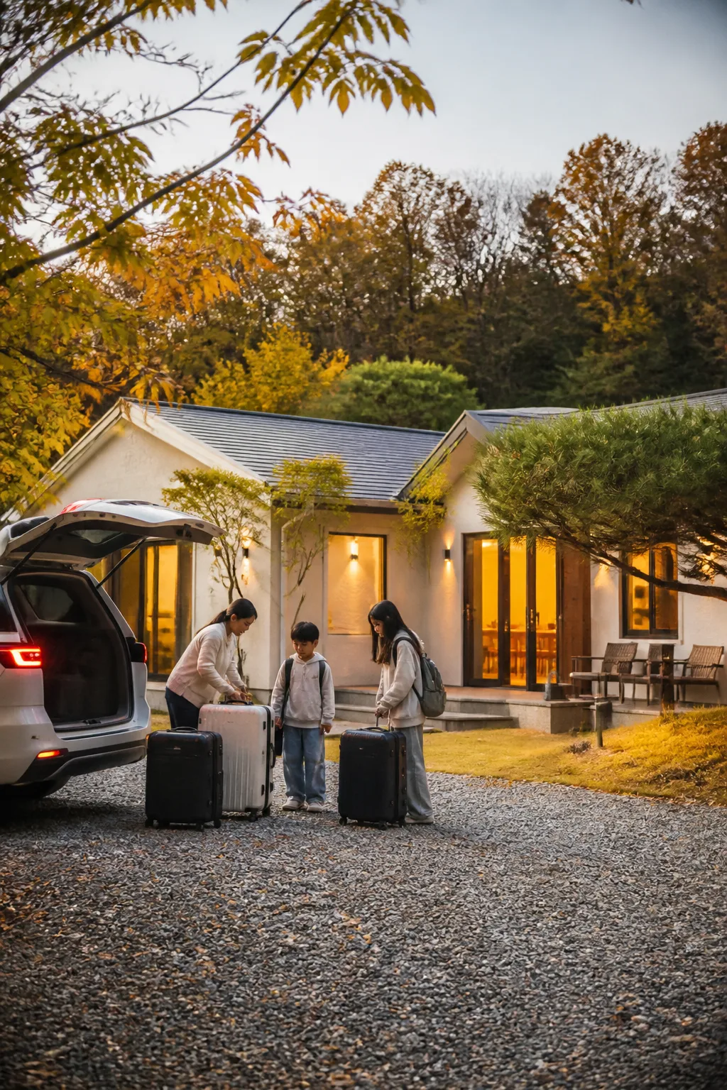 가족과 청소년이 함께 도착한 용인펜션의 주차 공간과 숙소 외관
