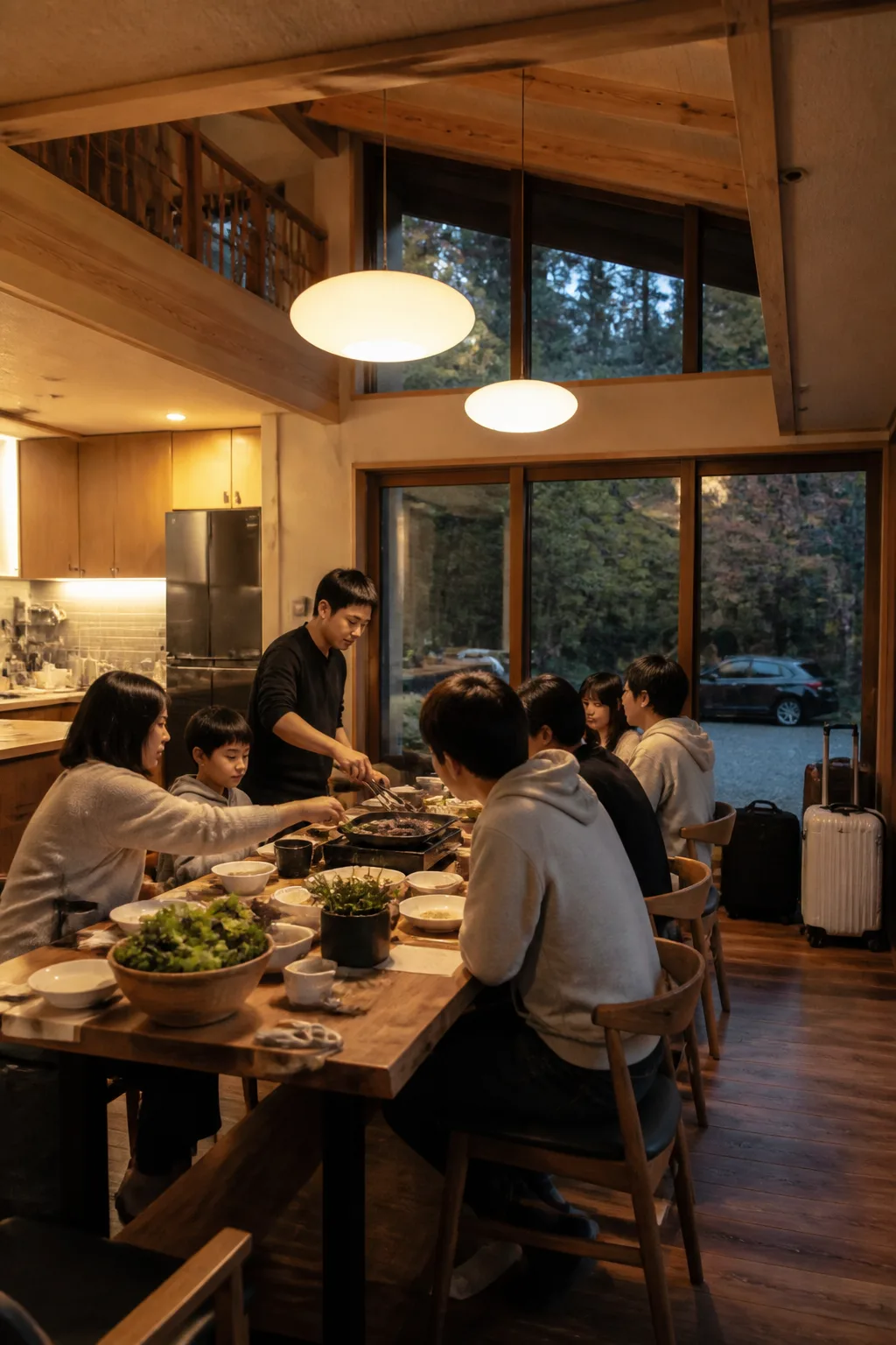 식탁과 주방 동선이 편리한 용인펜션에서 가족과 친구들이 함께 식사하는 모습