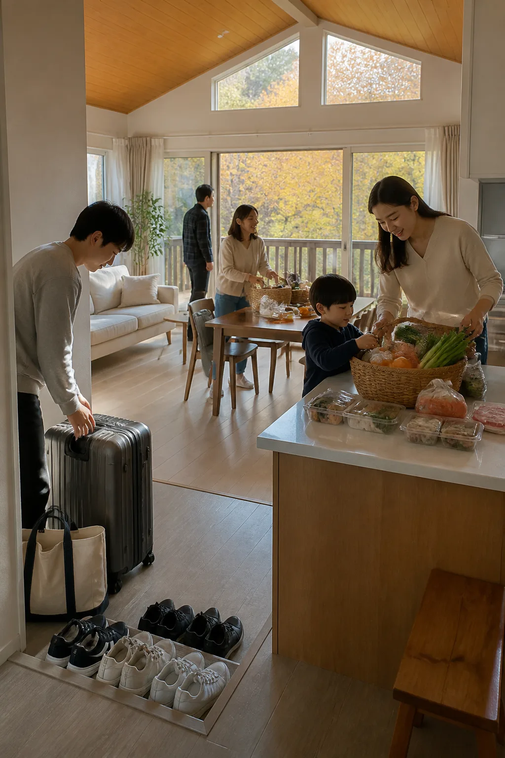 가을 용인펜션에서 가족과 친구들이 여행 짐과 식재료를 정리하는 모습