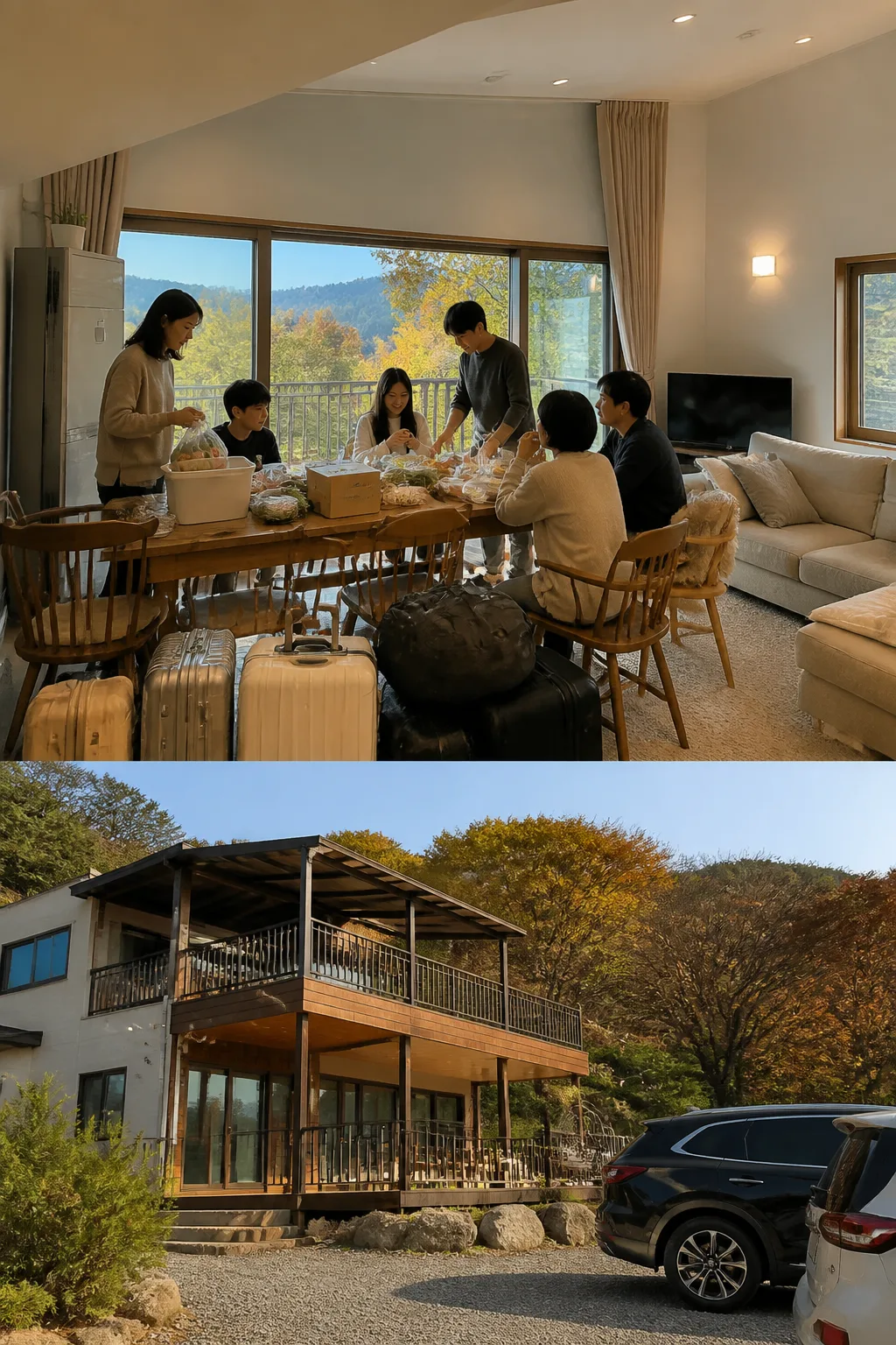 가족과 친구들이 용인펜션에서 연박을 준비하며 식재료와 짐을 정리하는 모습