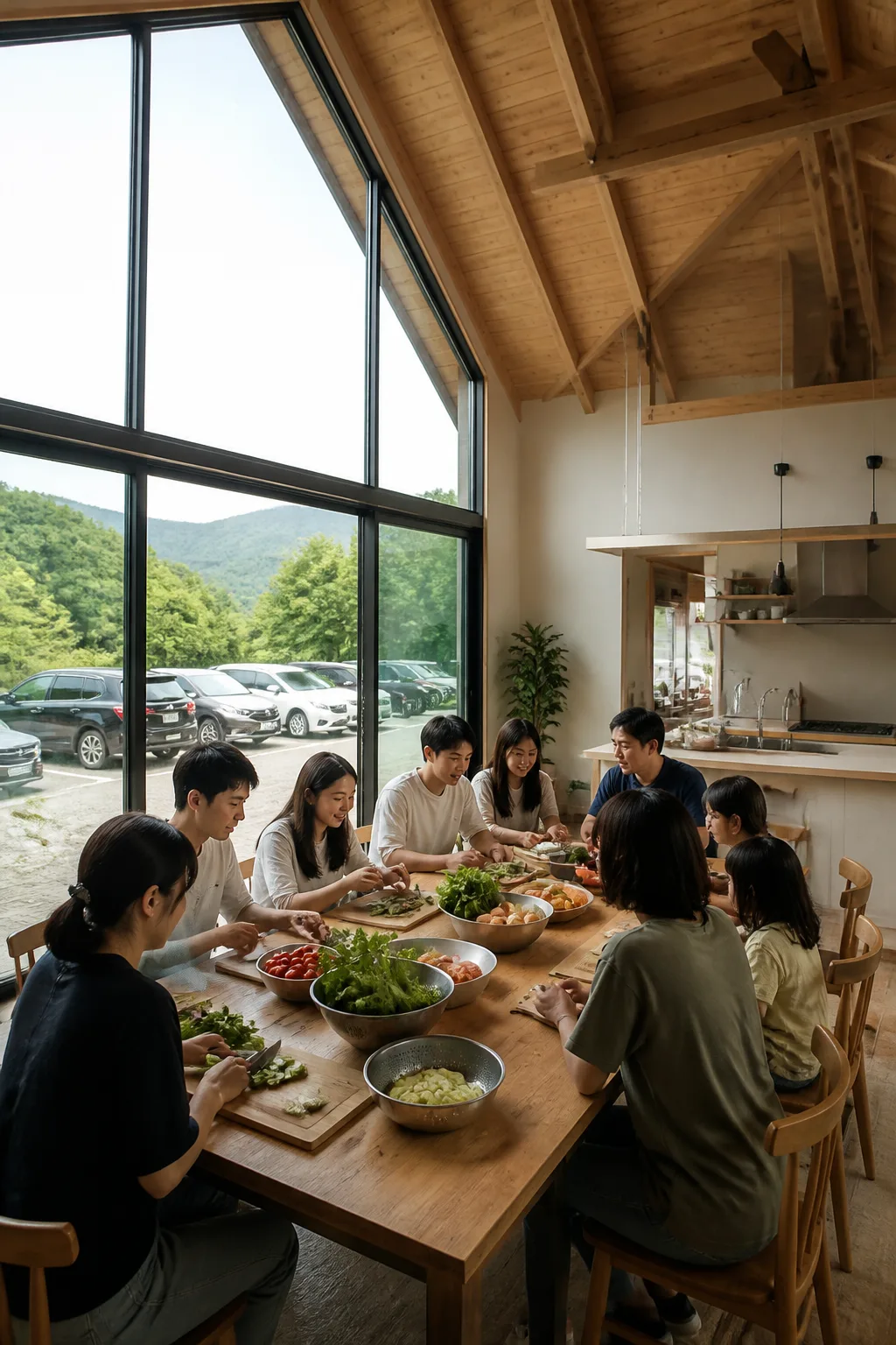 용인펜션 공용공간에서 가족과 친구들이 테이블을 함께 사용하며 모임을 준비하는 모습