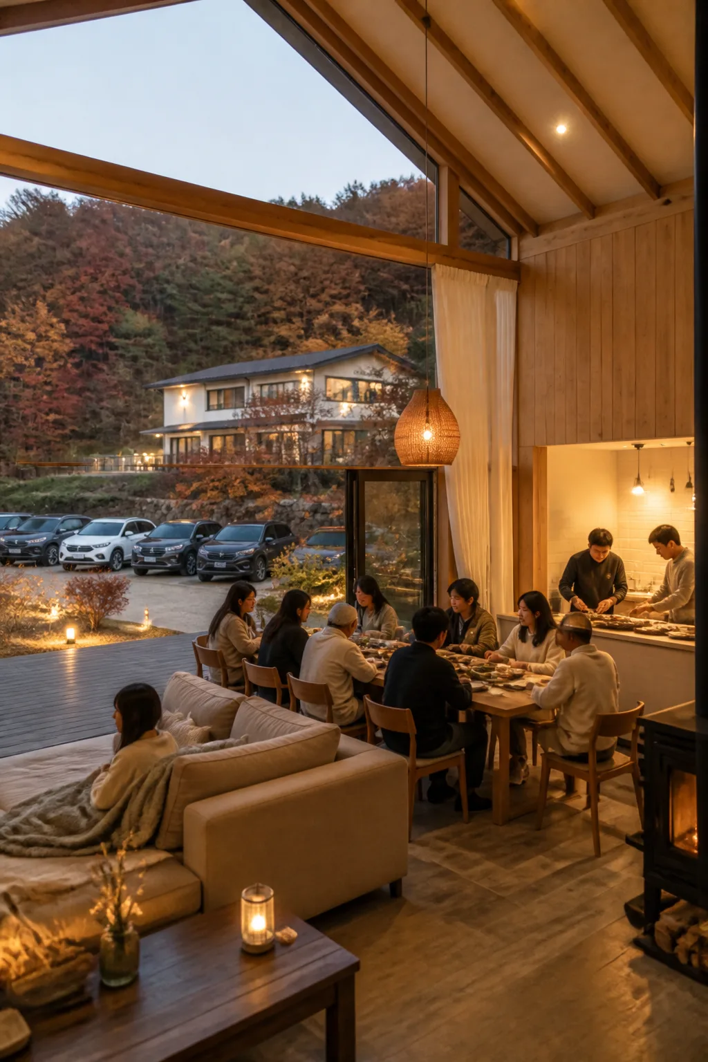가족과 친구가 공간을 나누어 쉬고 식사하는 용인펜션 모임 여행 모습