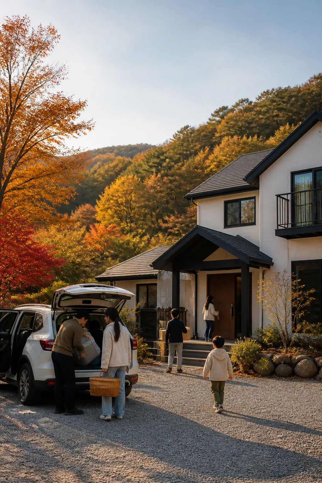 용인펜션 앞에서 가족과 친구들이 장보기 물품과 짐을 옮기는 모습