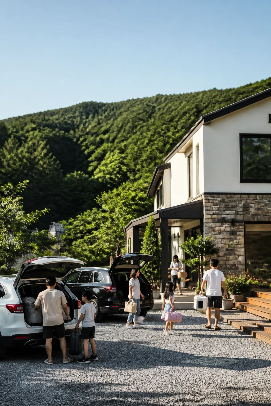 여러 대의 차량에서 짐을 옮기며 도착 준비를 하는 용인펜션 가족·친구 모임 여행