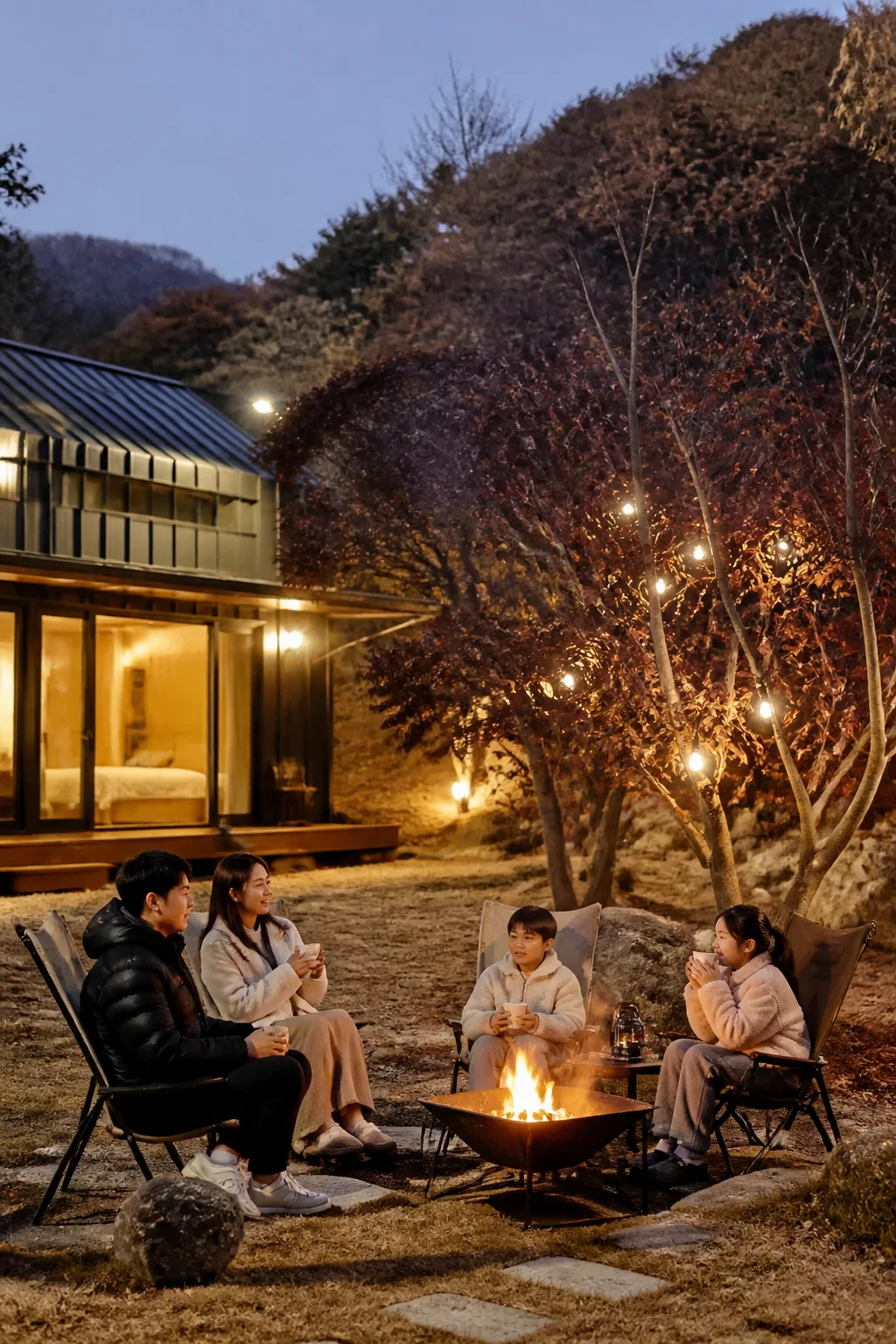 용인펜션 야외 화로 주변에서 가족과 친구들이 안전하게 불멍을 즐기는 모습