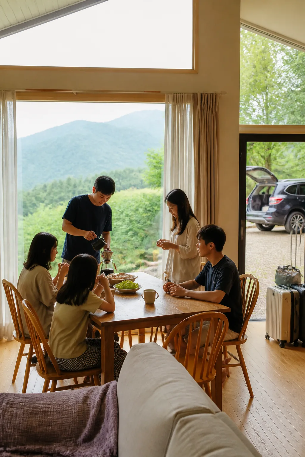 용인펜션 거실에서 가족과 친구들이 아침 식사와 커피를 준비하는 모습
