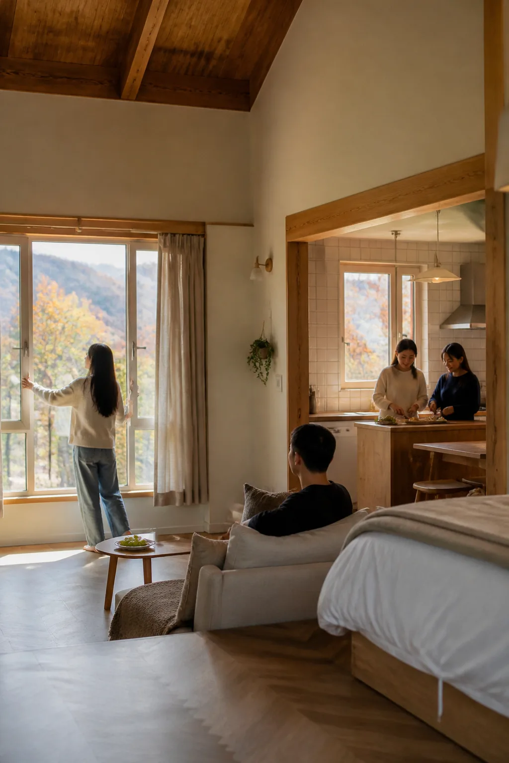 가을 용인펜션 객실에서 가족과 친구들이 창문을 열고 주방과 거실을 환기하는 모습
