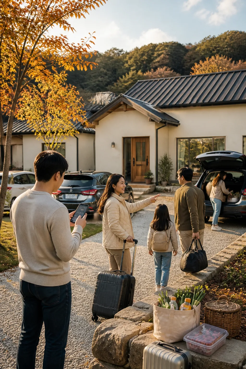 여러 차량으로 용인펜션에 도착해 예약자와 입실 정보를 확인하는 가족·친구 모임