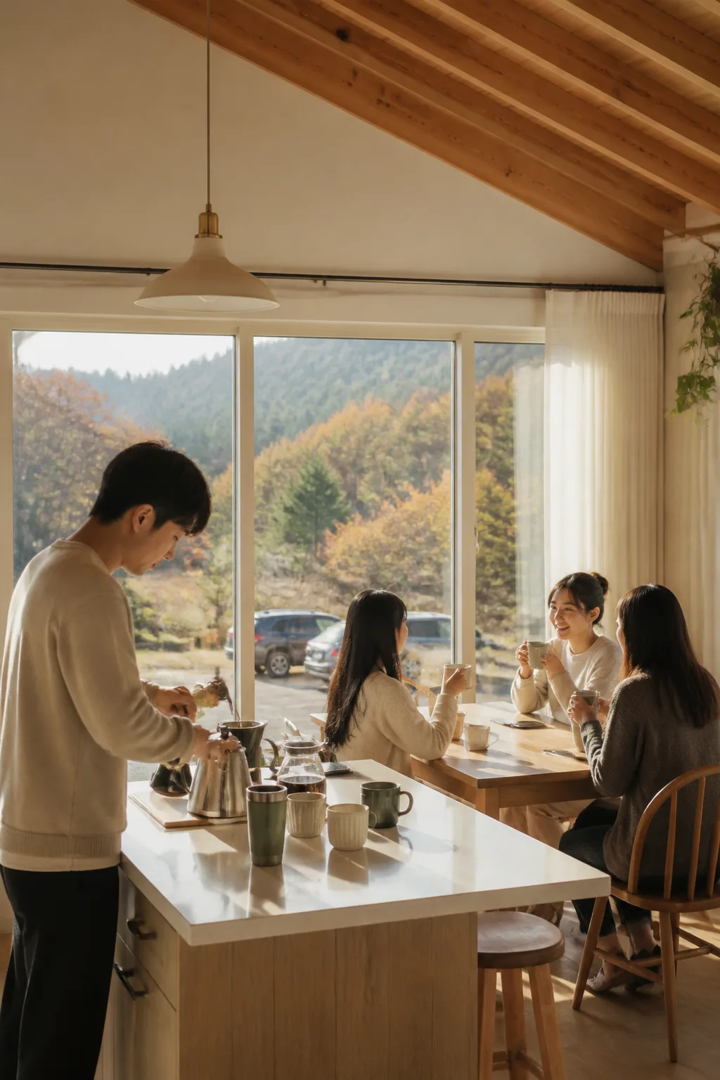 자연 속 용인펜션 주방에서 가족과 친구들이 아침 커피와 음료를 준비하는 모습
