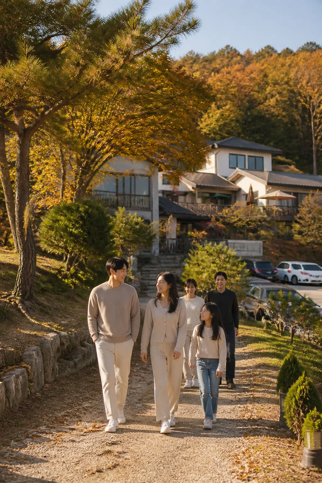 용인펜션 주변 산책길을 가족과 친구들이 걷는 근교 여행 장면