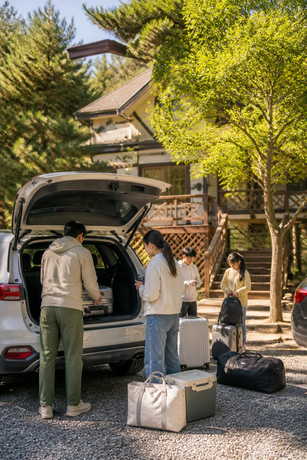 용인펜션에서 가족과 친구들이 체크아웃 후 차량에 짐을 싣고 귀가를 준비하는 모습
